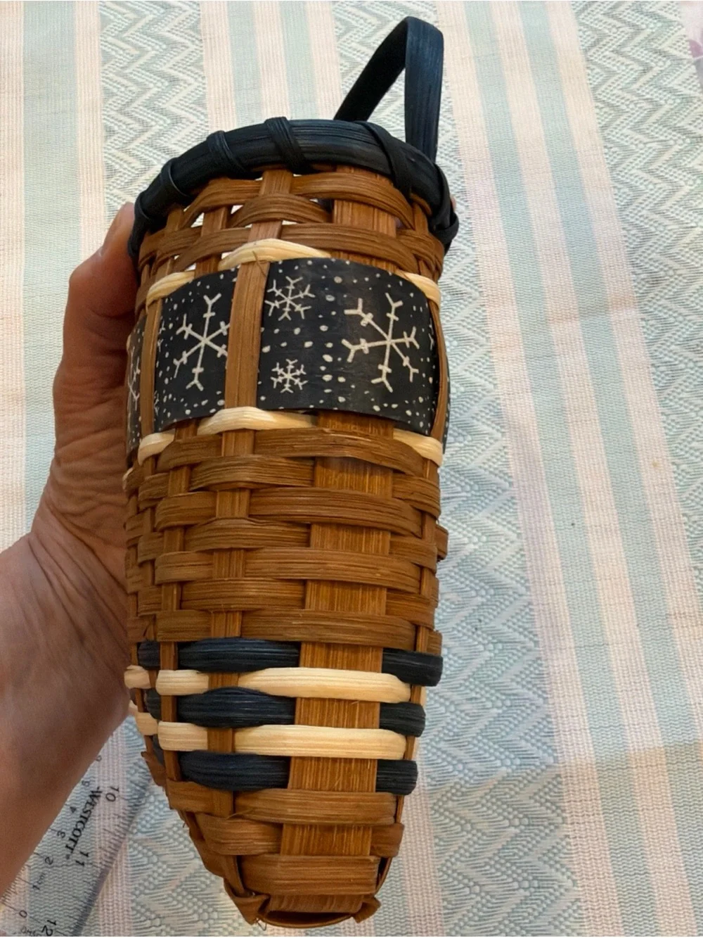 Woven Brown & Black Wall Pocket Basket Bag with Snowflake Accent